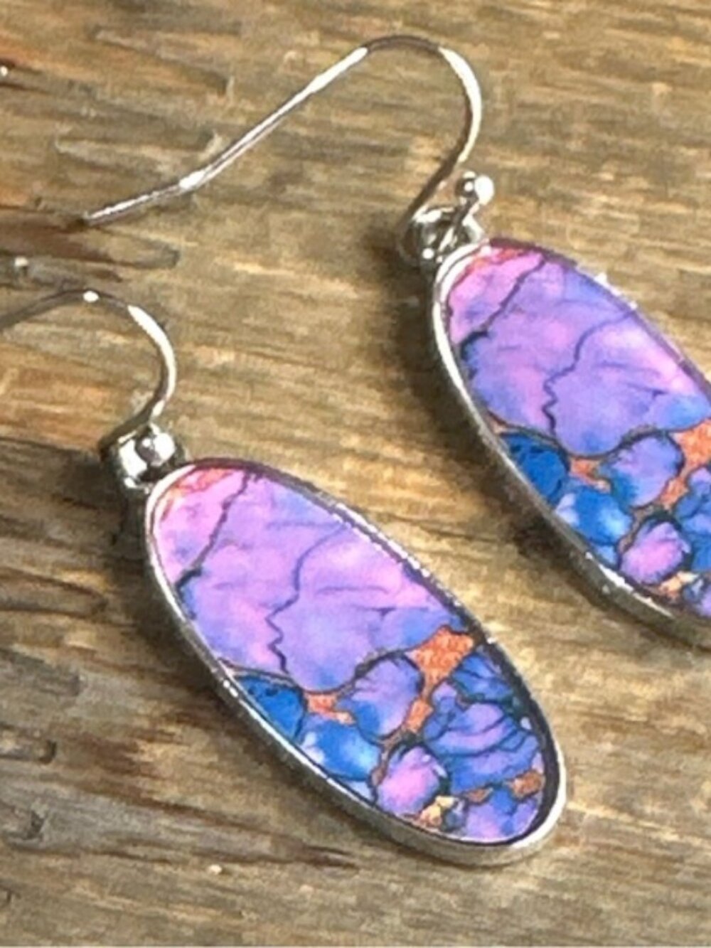 Purple Blue Oval Stone Drop Earrings - Unbranded
